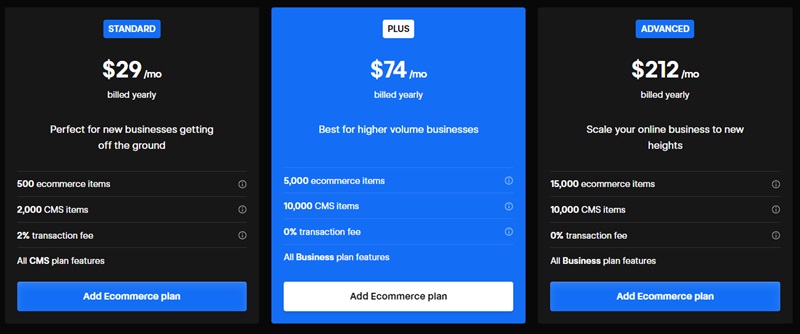 eCommerce Pricing Plans For Webflow