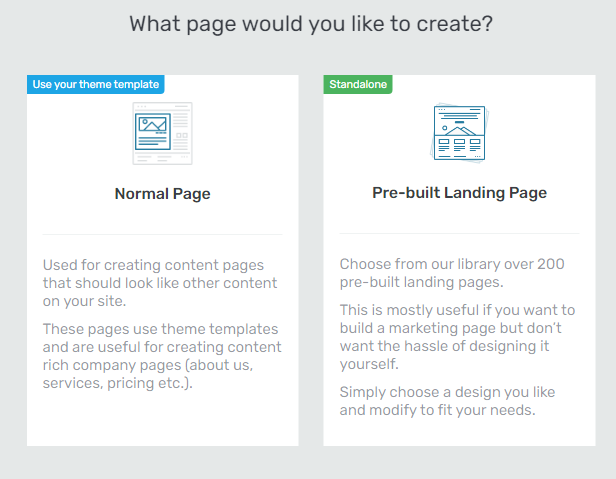 Selecting normal page or prebuilt landing page