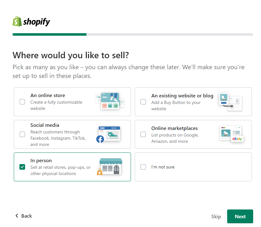 Selecting only selling in person for Shopify onboarding process