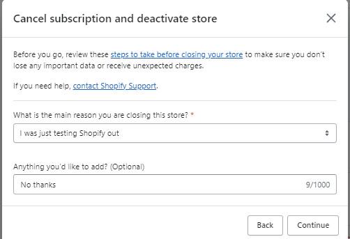 cancelling shopify store one of final steps