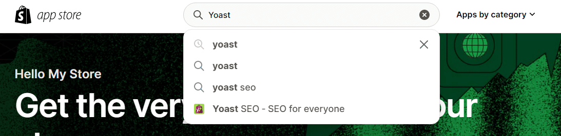 yoast seo app and searching for it in Shopify app store