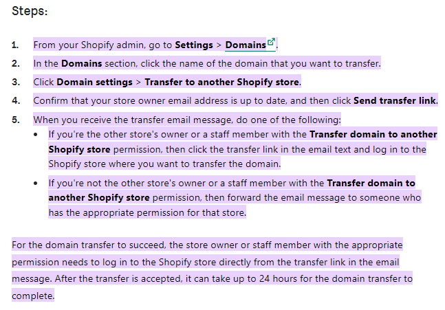 Transfer domain to new Shopify store
