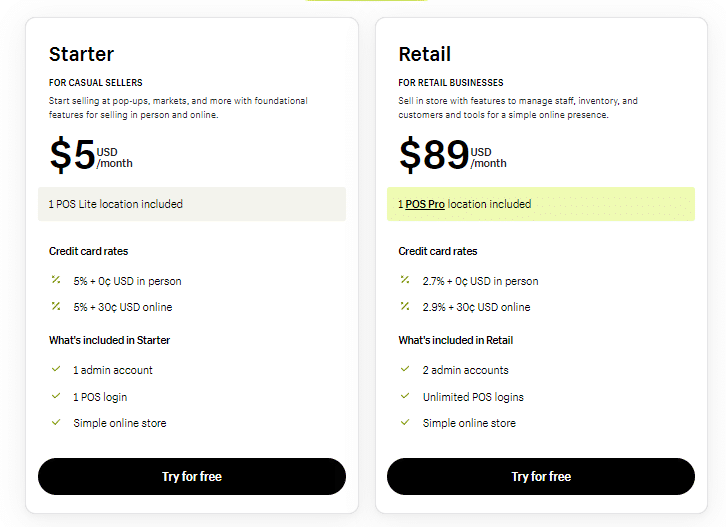 Shopify pos starter vs retail Pricing