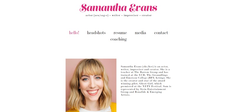 Samantha Evans website homepage