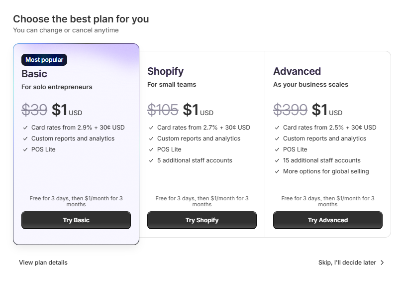 Choose Your Shopify plan for the $1 for 3 months plan