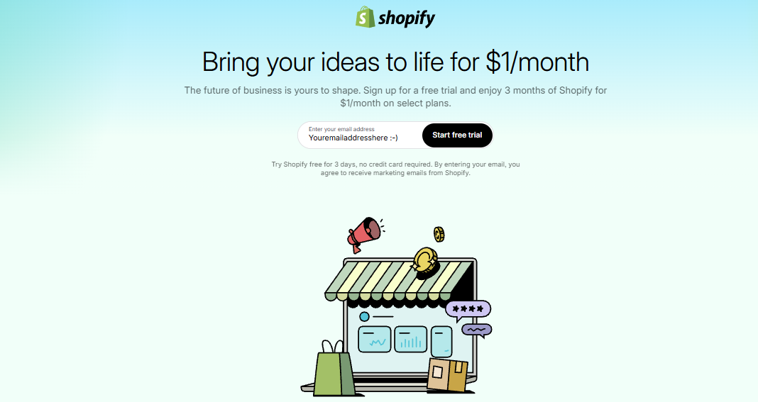 shopify 1 dollar for 3 months Starting Point On Shopify