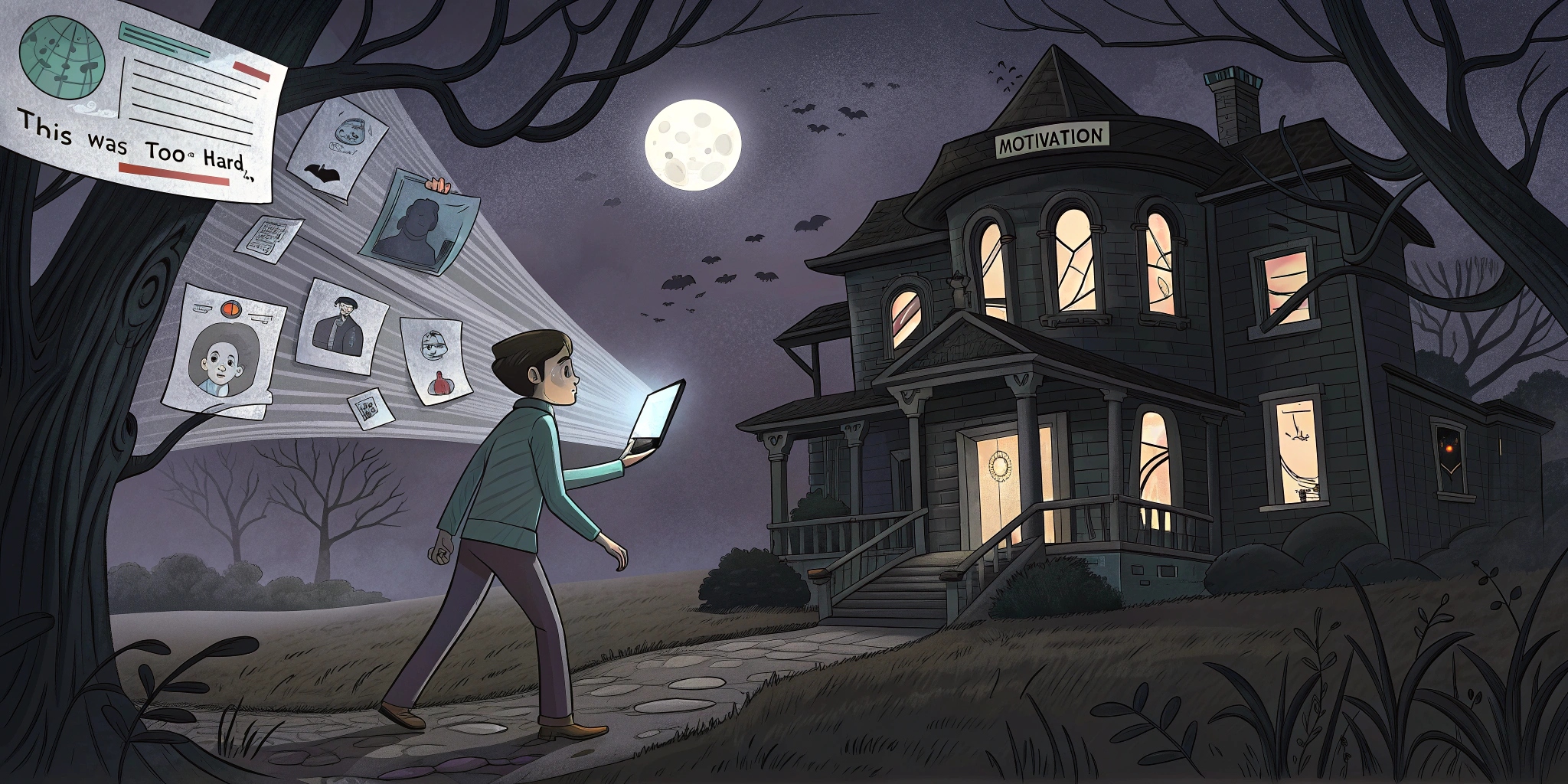 Key Pain Points in Creating A Website You Might Be Thinking A spooky, cartoon-style haunted mansion filled with ghostly remnants of old unfinished website projects: flickering landing pages, floating broken links, and haunted contact forms. A person holding a flashlight labeled “Motivation” looks nervously around as they hear ghostly whispers of “This was too hard…”