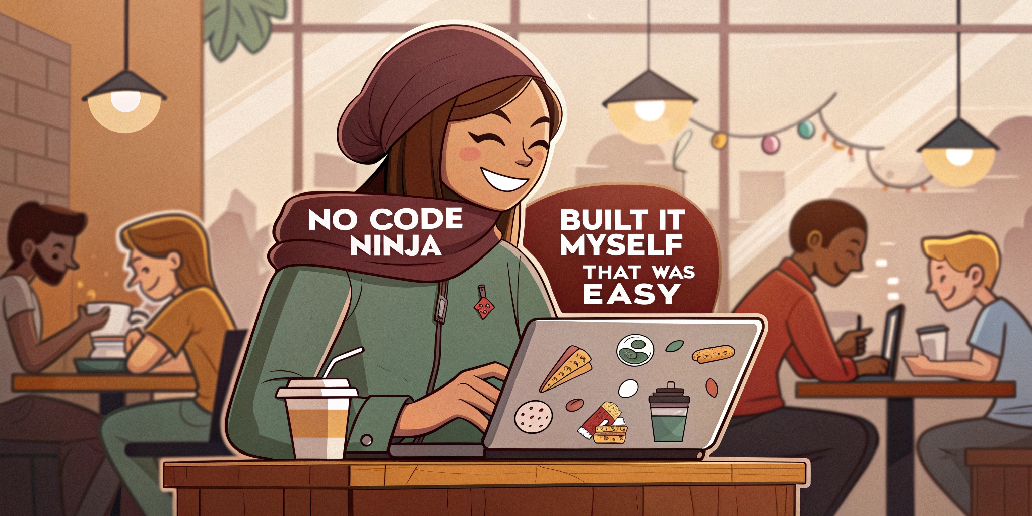 Inside a warm, bustling coffee shop, a person is smiling while working on a laptop covered in fun stickers: “No-Code Ninja,” “Built It Myself,” and “I <3 My Brand.” Around them are other creators customizing colors, picking fonts, and watching tutorials.