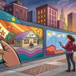 Street Mural Cityscape A skyline made of colorful murals, each one morphing into a testimonial or review. A passerby scrolls through a projected review section on the sidewalk while holding a phone.