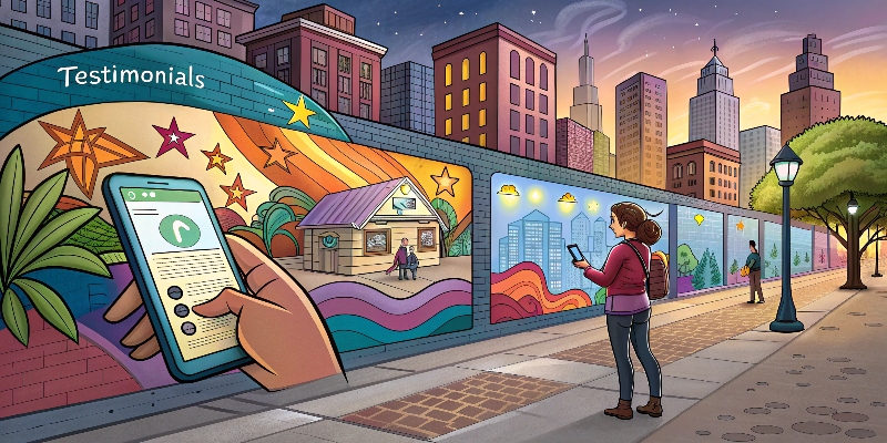 Street Mural Cityscape A skyline made of colorful murals, each one morphing into a testimonial or review. A passerby scrolls through a projected review section on the sidewalk while holding a phone.