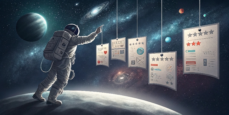 A galactic museum of templates floating in zero gravity, with an artist in a space suit tapping each one. Star ratings and moodboards hover nearby showing each template's vibe.
