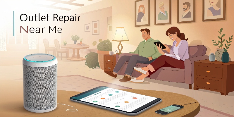 Local SEO Tips for Electricians - A cozy neighborhood scene showing a homeowner searching for “outlet repair near me” on a voice assistant device (like Alexa). A search result appears on the linked smartphone, displaying a well-optimized electrician website with service area pages and review stars. Create a Website for Your Electrical Business