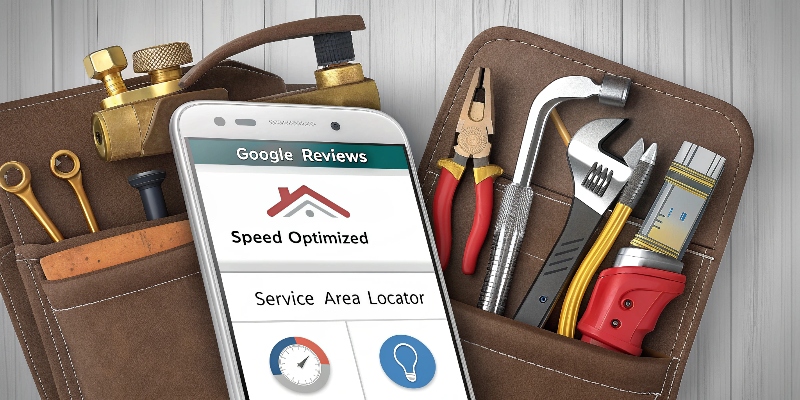 A close-up of a plumber’s toolbox, but instead of wrenches and pipe cutters, it holds a smartphone displaying a mobile-optimized plumbing site. The tools are labeled with features like “Google Reviews,” “Speed Optimized,” and “Service Area Locator.” The image instantly conveys that the tools of success now include a powerful website. Must-Have Features for a Plumbing Website