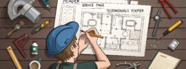 Step-by-Step How to Build a Plumbing Website A top-down view of a dusty workbench where a plumber is sketching out a blueprint—not for a bathroom, but for a website. The blueprint has labeled sections like “Header,” “Service Page,” “Testimonials,” and “Footer.” Beside it are plumbing tools repurposed: a wrench becomes a scroll bar, a pipe elbow is a call-to-action button, and a level checks the balance of a mobile layout. The setting is gritty, familiar, and hands-on—just like plumbing work.