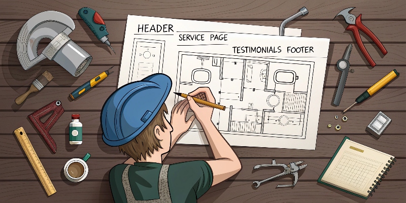 Step-by-Step How to Build a Plumbing Website A top-down view of a dusty workbench where a plumber is sketching out a blueprint—not for a bathroom, but for a website. The blueprint has labeled sections like “Header,” “Service Page,” “Testimonials,” and “Footer.” Beside it are plumbing tools repurposed: a wrench becomes a scroll bar, a pipe elbow is a call-to-action button, and a level checks the balance of a mobile layout. The setting is gritty, familiar, and hands-on—just like plumbing work.