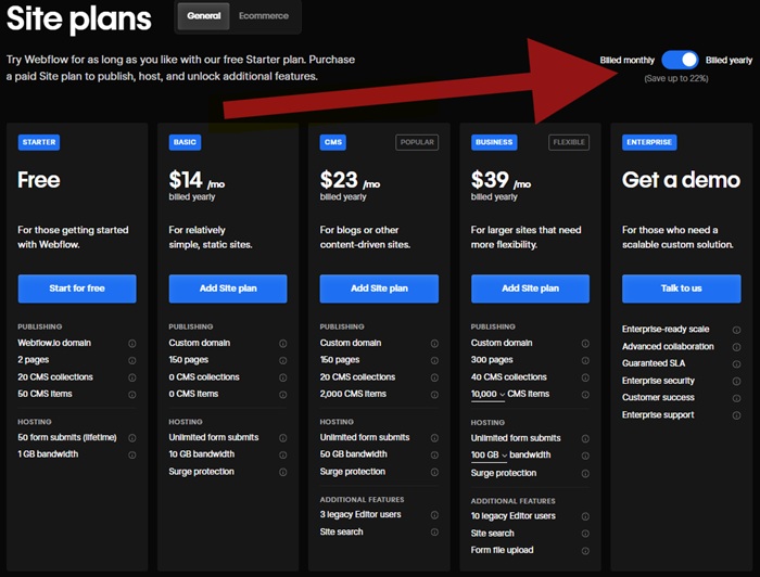 Webflow Pricing Discounts and promos