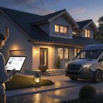 A modern home at dusk with an electrician's van parked out front, headlights on, while the electrician stands near the front door holding a tablet showing a sleek website. The home glows warmly, symbolizing trust and professionalism, while the website reflects a polished digital presence.