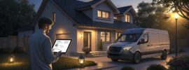 A modern home at dusk with an electrician's van parked out front, headlights on, while the electrician stands near the front door holding a tablet showing a sleek website. The home glows warmly, symbolizing trust and professionalism, while the website reflects a polished digital presence.