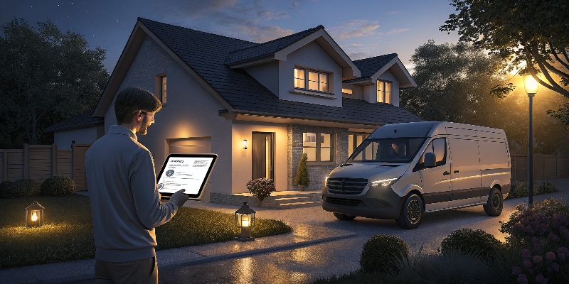 A modern home at dusk with an electrician's van parked out front, headlights on, while the electrician stands near the front door holding a tablet showing a sleek website. The home glows warmly, symbolizing trust and professionalism, while the website reflects a polished digital presence. Create a Website for Your Electrical Business