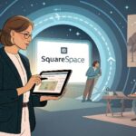 A coach stands in front of a futuristic portal, holding a tablet showing her Squarespace coaching site. Behind her, older versions of herself appear in ancient and vintage coaching settings (notebooks, flipcharts). The image conveys how modern coaches evolve with powerful tools like Squarespace.