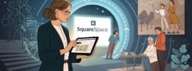 A coach stands in front of a futuristic portal, holding a tablet showing her Squarespace coaching site. Behind her, older versions of herself appear in ancient and vintage coaching settings (notebooks, flipcharts). The image conveys how modern coaches evolve with powerful tools like Squarespace.