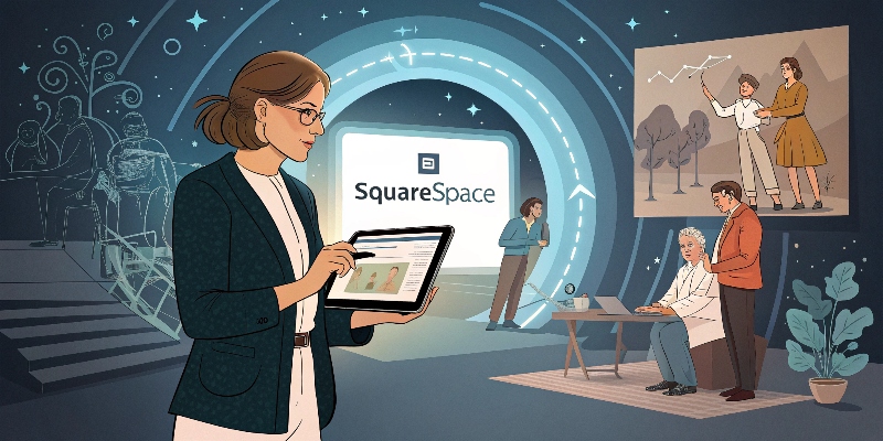A coach stands in front of a futuristic portal, holding a tablet showing her Squarespace coaching site. Behind her, older versions of herself appear in ancient and vintage coaching settings (notebooks, flipcharts). The image conveys how modern coaches evolve with powerful tools like Squarespace.