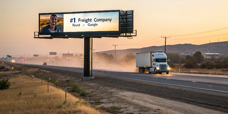 How to Create a Trucking Website. SEO for Trucking Websites. A glowing digital billboard stands on a remote road, displaying a trucking company’s website and the words “#1 Freight Company – Found on Google.” A trucker drives by, looking surprised. Behind him, dusty old flyers fly into the wind.