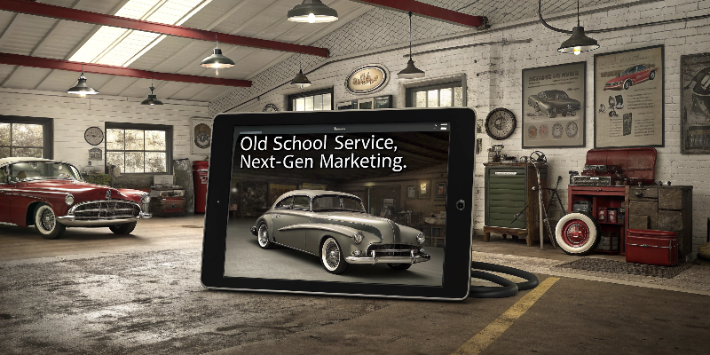 How to make an auto repair website. Set a classic 1950s garage with a retro vibe, but in the middle of it, a modern tablet showcases a polished site. Contrast the nostalgic with the digital. It says: “Old-school service, next-gen marketing.”