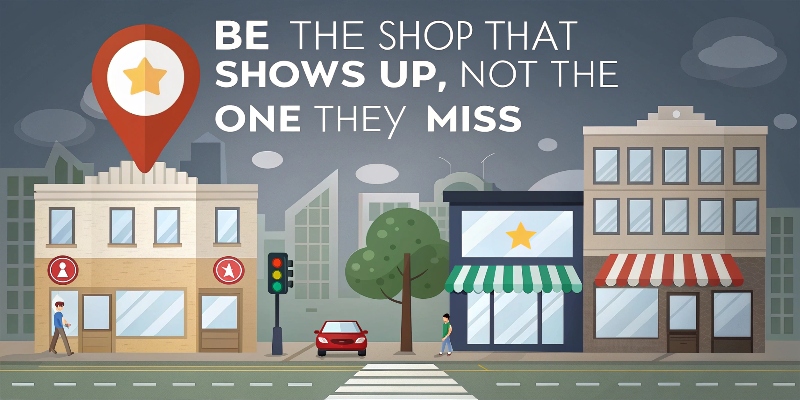 Local SEO Optimization That Actually Works For Auto Repair Company. A busy city street with several bland-looking shops, but one is highlighted with a Google Map pin, glowing stars, and search result snippets floating above it. It attracts foot traffic while others are quiet. Text “Be the shop that shows up, not the one they miss.”