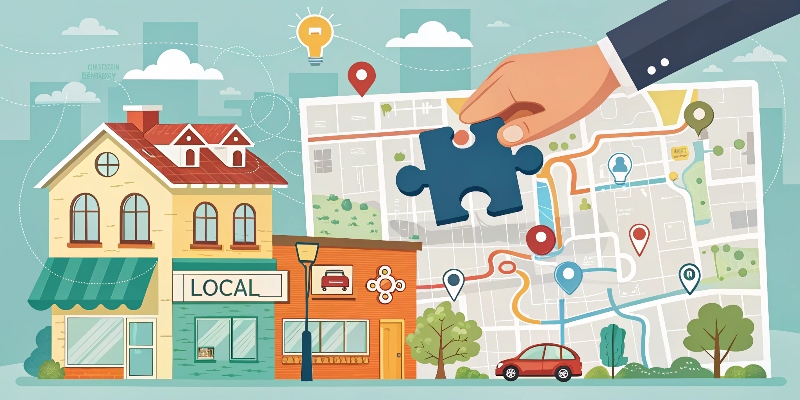 A large hand places the final puzzle piece into a colorful neighborhood map, completing the image of a vet clinic. Other pieces show SEO elements like mobile search icons, local directories, pet reviews, and maps. The image gives the idea that local SEO is the missing piece that completes the visibility puzzle for your clinic. How to Make a Veterinary Website