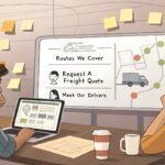 A brainstorming session at a truck stop diner. Sticky notes, a whiteboard with a trucking website wireframe, and a laptop showing a builder with sections like "Routes We Cover", "Request a Freight Quote", and "Meet Our Drivers". A trucker sips coffee, planning their online brand between routes. Step-by-Step How to create a Trucking Website