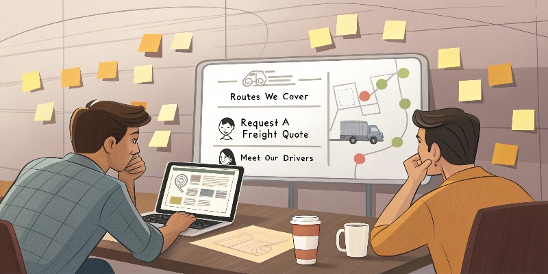 A brainstorming session at a truck stop diner. Sticky notes, a whiteboard with a trucking website wireframe, and a laptop showing a builder with sections like "Routes We Cover", "Request a Freight Quote", and "Meet Our Drivers". A trucker sips coffee, planning their online brand between routes. Step-by-Step How to create a Trucking Website
