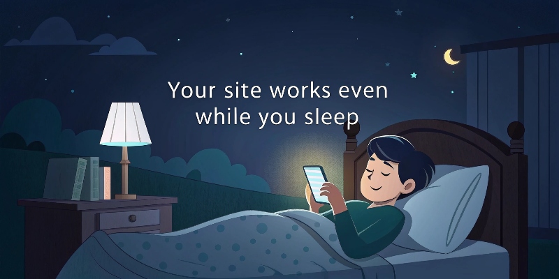A calming, nighttime bedroom scene: a small business owner lying in bed with their phone, visiting a bookkeeping website before deciding to schedule a call. The screen glows softly. Caption: “Your site works even while you sleep.” Why Every Bookkeeper Needs a Website. How to Create a Bookkeeping Website