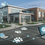 A modern veterinary building sits surrounded by glowing paw-print digital footprints leading from smartphones, tablets, and laptops into the clinic. These glowing trails represent web traffic, SEO, and online discovery making it instantly clear how websites drive real-world visits. How to Make a Veterinary Website